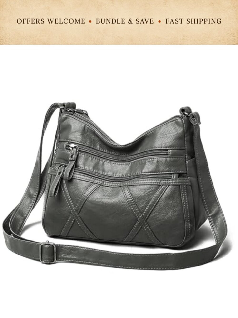 Washed PU Leather Crossbody Bag Lightweight Multi-Pocket Shoulder Purse